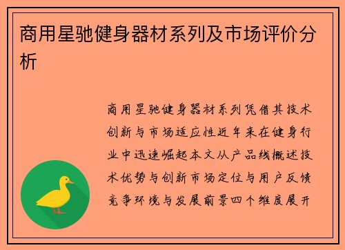 商用星驰健身器材系列及市场评价分析